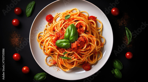 Top view of spaghetti with tomatoes and basil on a plate with a black background.