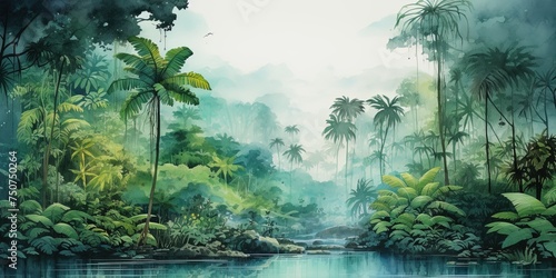 Rainforest, ecology, nature, bio-diversity background. Water color drawing of tropical rain forest. © Влада Яковенко