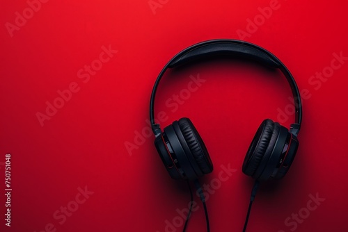 A pair of headphones lying on a vibrant red background, showcasing their sleek design and vibrant color contrast.