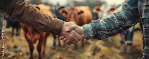 Farmers shaking hands amidst an unfocused agricultural backdrop with cows Diverse farmers of different ethnicities shaking hands in an agricultural setting with cows grazing in the background. Concep