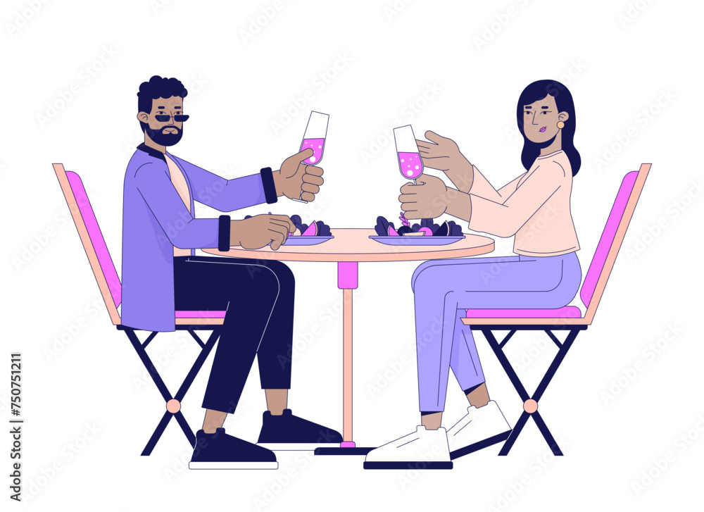 Married couple eating dinner 2D linear cartoon characters. Interracial lovers drinking wine together isolated line vector people white background. Dating heterosexual color flat spot illustration