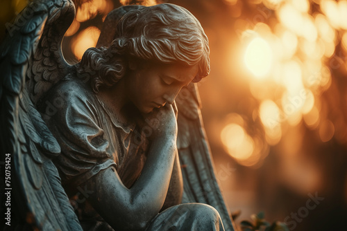 Sad angel statue at sunset, funeral services, grief, sorrow and condolences card Sad or obituary notice © Delphotostock