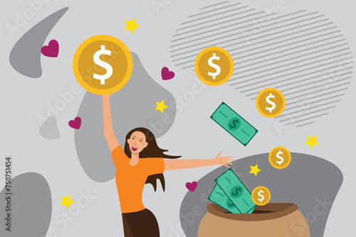 A lucky woman receives money, using her savings or income, coins and banknotes in a bag. The concept finances success and earnings, illustration for a banner, website design and advertising, etc.