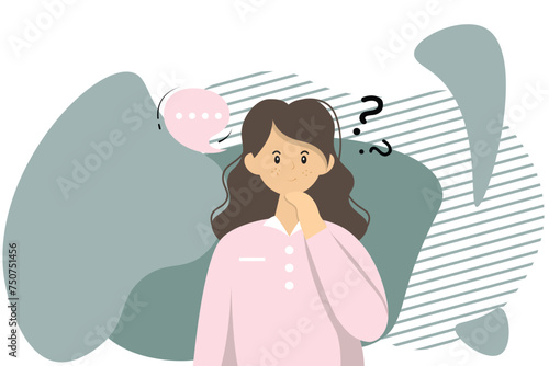 Girl thinking, speech bubble with dots and question marks, problem solving, uncertainty, different questions. Flat vector illustration.