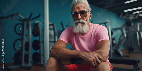 Stylish elderly man in a pink T-shirt resting after cardio training. Advertising banner layout for a gym or fitness trainer.