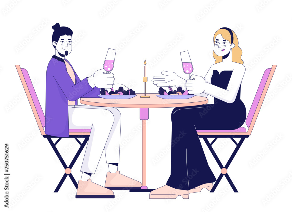 Heterosexual couple on romantic date 2D linear cartoon characters. Caucasian adult girlfriend boyfriend isolated line vector people white background. Speed dating color flat spot illustration Heterosexual couple on romantic date 2D linear cartoon characters. Caucasian adult girlfriend boyfriend isolated line vector people white background. Speed dating color flat spot illustration