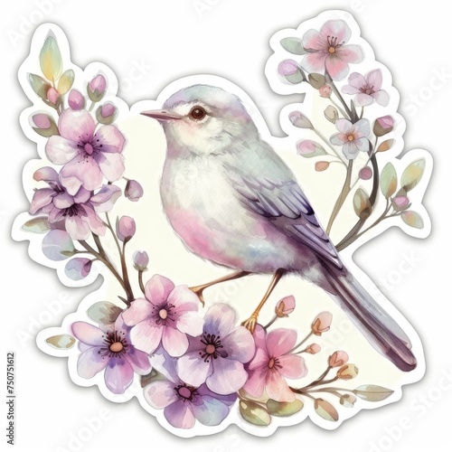 A bird on a flowering branch. Easter decor,delicate color, Sticker. 3d decorative elements for spring or Easter holidays. Suitable for promotions or website icons. © EvaMur