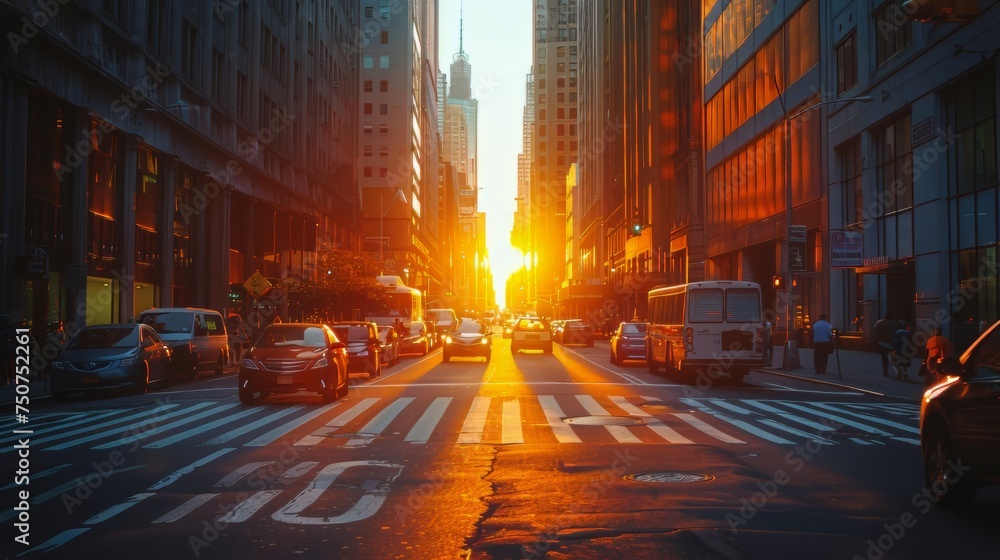 Bustling City Street With Heavy Traffic at Sunset