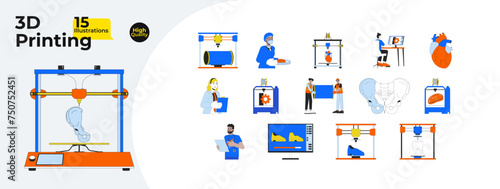 3d printers technicians line cartoon flat illustration bundle. Diverse developers 2D lineart characters isolated on white background. Medicine, fashion, food industry vector color image collection