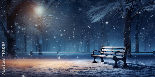 Snow falls on an empty Park Bench at Night in Winter, Snow-covered trees illuminated by lanterns in a park