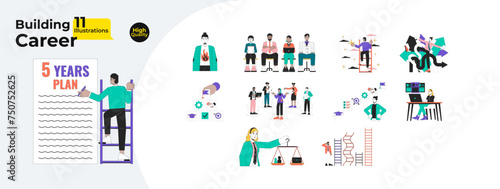 Career building 2D linear illustrations concepts bundle. Job candidates diverse cartoon characters isolated on white. Burnout, achievements metaphors abstract flat vector outline graphic collection