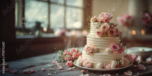 Wedding Cake With Pink Roses on Table