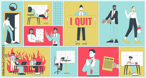 Quiet quitting bento grid illustration set. Work life balance millennials 2D vector image collage design graphics collection. Gen z diverse employees refusing overwork flat characters moodboard layout