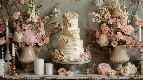 Wedding Cake Surrounded by Flowers and Candles