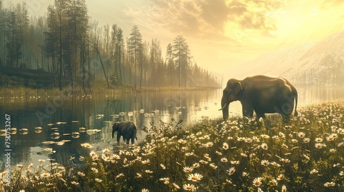 Mother elephant with her calf walking through a picturesque meadow by the water. tranquil wildlife scene in a serene setting. AI Generated.