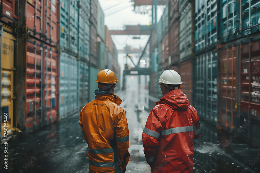 two workers at a loading dock supervising warehousing work and advancing logistics. - obrazy, fototapety, plakaty 