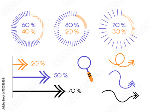Set infographique : chiffres, graphiques, flèches et loupe vectorielle
