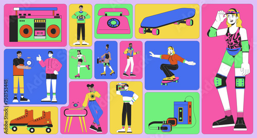 Nostalgic 80s people diverse bento grid illustration set. Eighties fashion 2D vector image collage design graphics collection. Nostalgia retro revival gen z young flat characters moodboard layout