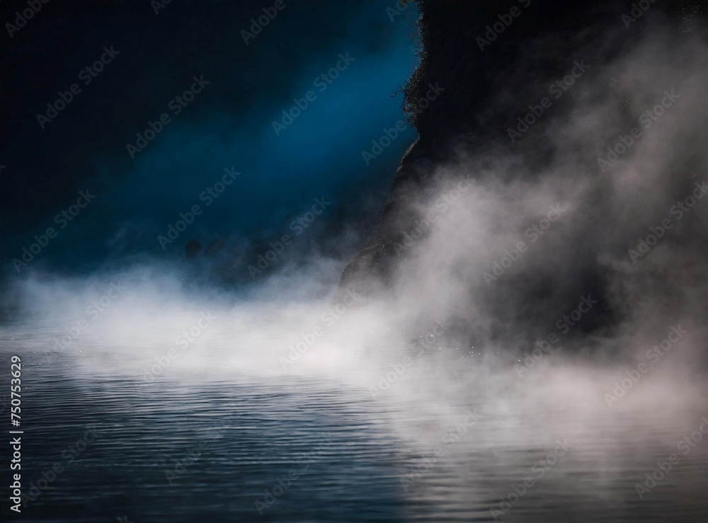 Misty dark river at night in the swamp