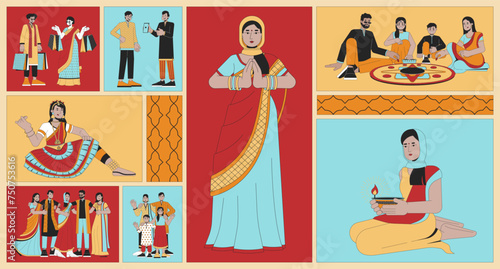 Multicultural diwali people bento grid illustration set. Hindu deepawali festival traditions 2D vector image collage design graphics collection. Ethnic wear indian flat characters moodboard layout