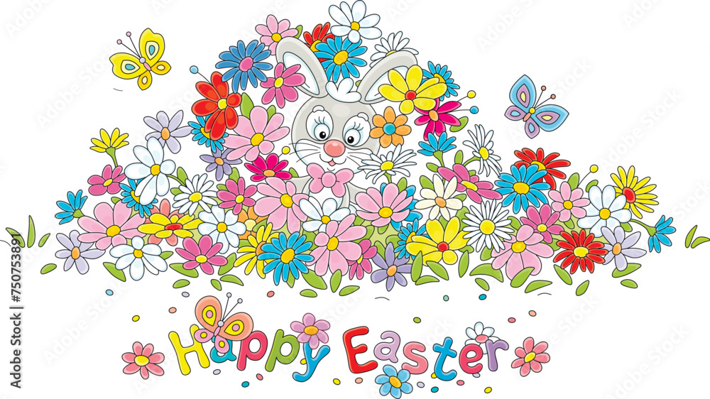 Greeting card with a happy Easter bunny among colorful spring flowers and merry butterflies fluttering around a pretty flowerbed in a fairy garden, vector cartoon illustration