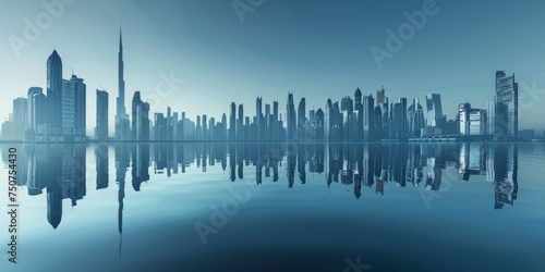 an image of a city with water reflecting buildings Generative AI