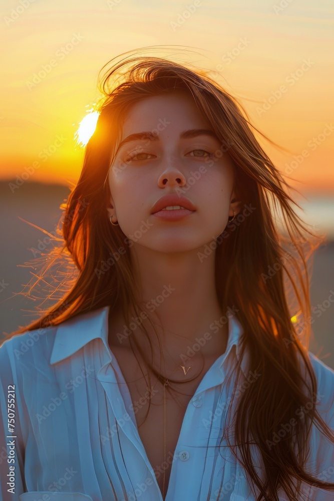 Woman With Ponytail Standing in Front of Sunset Woman With Ponytail Standing in Front of Sunset