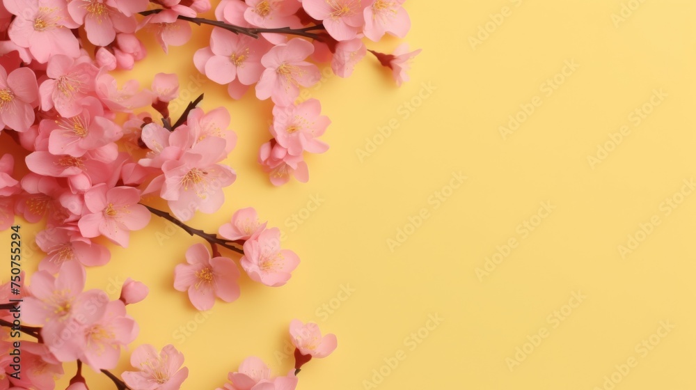 Pink Flowers Branch on Yellow Background