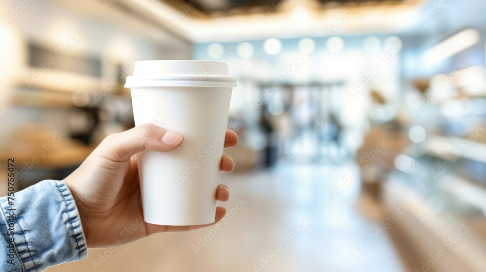 Man s hand holding takeaway paper coffee cup mockup on blurred background with copy space for text Man s hand holding takeaway paper coffee cup mockup on blurred background with copy space for text