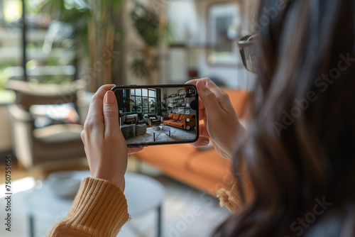 a woman holds her smart phone and takes a picture of a living room scene