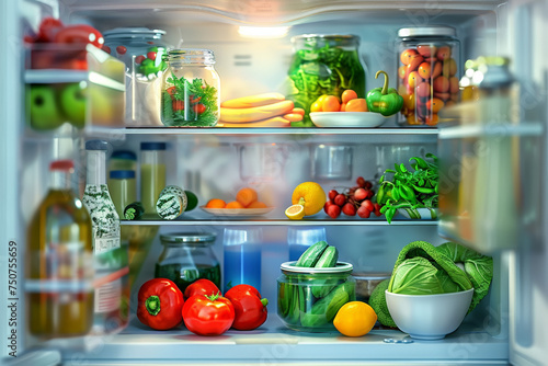 healthy food inside a refrigerator. open fridge full of food and vegetables