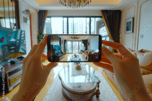 a woman is taking a photo on her smart phone of a living room,