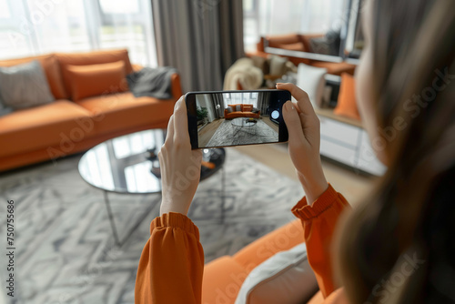 woman is taking a picture with their smart phone looking at the living room, 