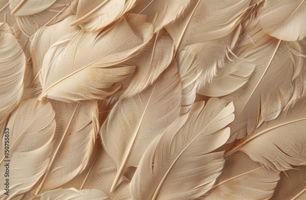 Obraz premium A detailed view of a wall entirely covered with a multitude of feathers, creating a unique and textured surface.