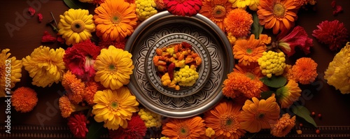 Vibrant Marigold Flowers Surrounding a Traditional Indian Thali