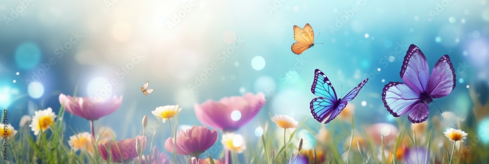 Vibrant Field of Flowers Teeming With Fluttering Butterflies - obrazy, fototapety, plakaty 