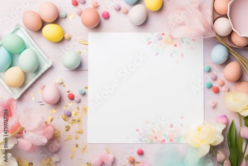 White Paper Surrounded by Pastel Eggs and Flowers