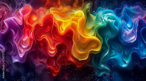 Abstract artwork inspired by 3D waves, with smoothly blending rainbow colors, harmonious symphony of shades, fluid and organic shapes, fabulous atmosphere, digital illustration, modern, mesmerizing.