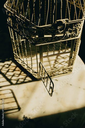 Foto An open birdcage in a yellow sunlight standing on a vintage table