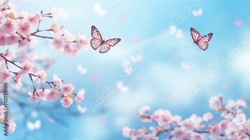 Two Butterflies Flying Above Tree With Pink Flowers