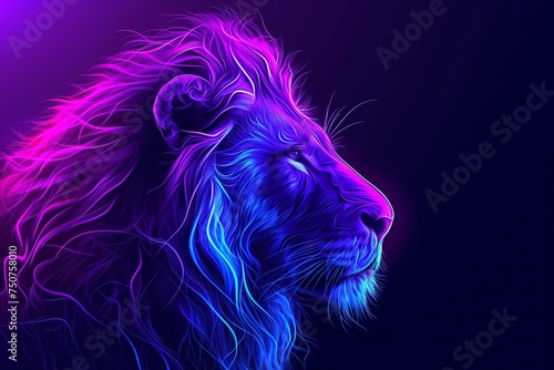 An image of a gradient blue-violet lion, in the style of glowing neon