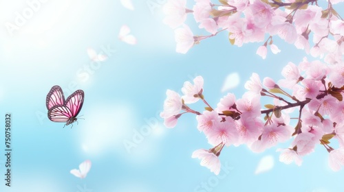 Pink Butterfly in Flight Over Tree With Pink Flowers
