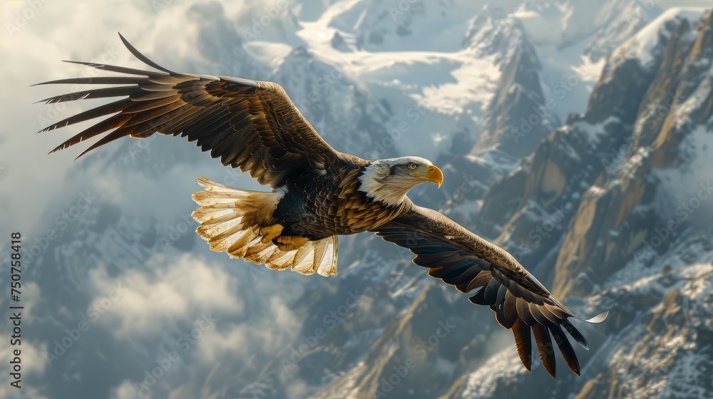 Obraz premium Bald Eagle Soaring Over Mountain Range