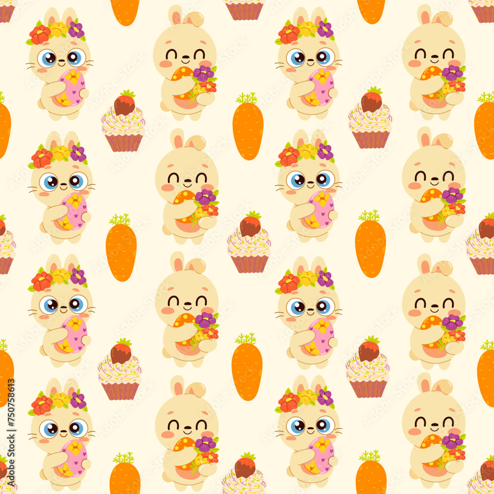 Cute hand drawn Easter seamless pattern with bunnies, flowers, Easter eggs, beautiful background, great for Easter Cards, banner, textiles, wallpapers - vector design Cute hand drawn Easter seamless pattern with bunnies, flowers, Easter eggs, beautiful background, great for Easter Cards, banner, textiles, wallpapers - vector design