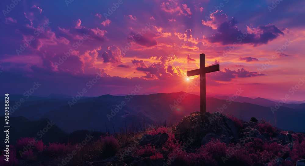 Crucifixion Of Jesus Christ - Cross On Hill At Sunset or Sunrise Sky Background Crucifixion Of Jesus Christ - Cross On Hill At Sunset or Sunrise Sky Background