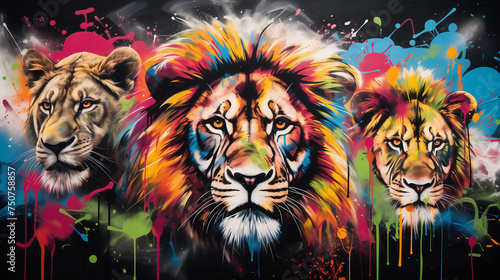 A painting of three lions on a black background.