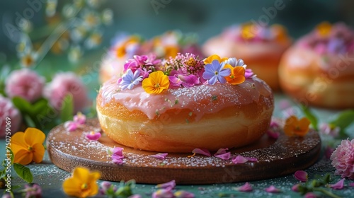 Donut With Pink Icing and Flowers on Wooden Board