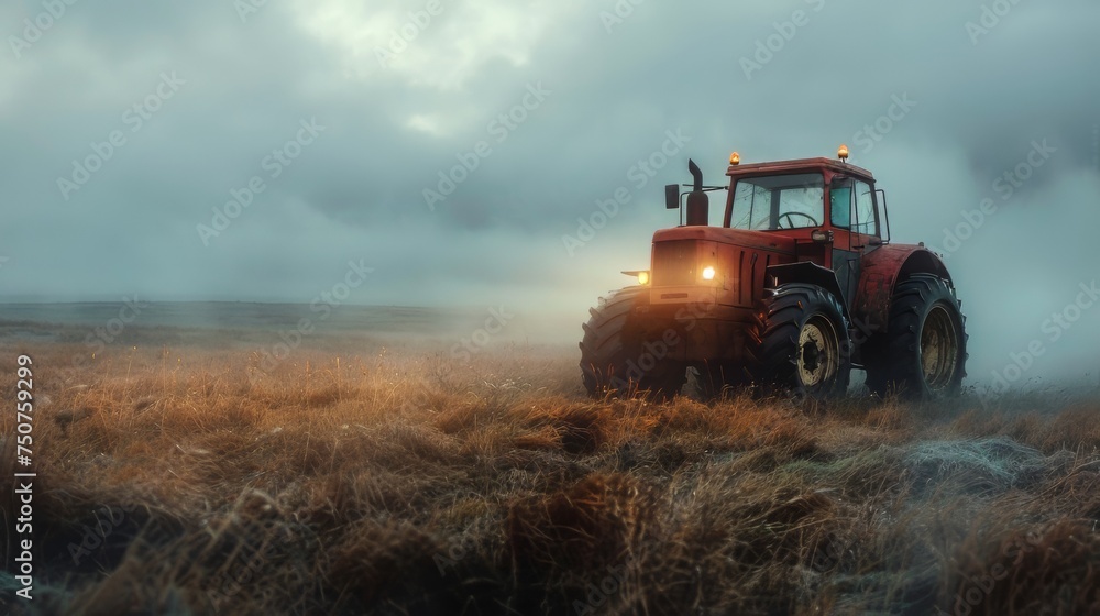 Obraz premium Red Tractor Driving Through Field