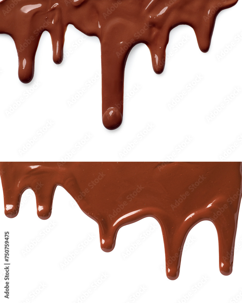 Tasty melted milk chocolate pouring down on white background, collage Tasty melted milk chocolate pouring down on white background, collage