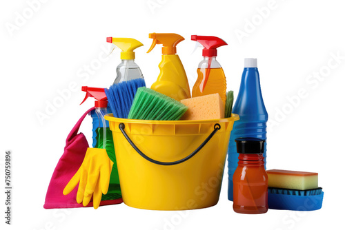 Bucket Full of Cleaning Supplies and Products. A bucket filled to the brim with various cleaning supplies and products, such as spray bottles, sponges, brushes, and detergents.